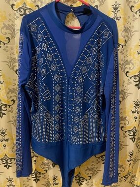 Blue Long-Sleeve Rhinestone Embellished Women's Top